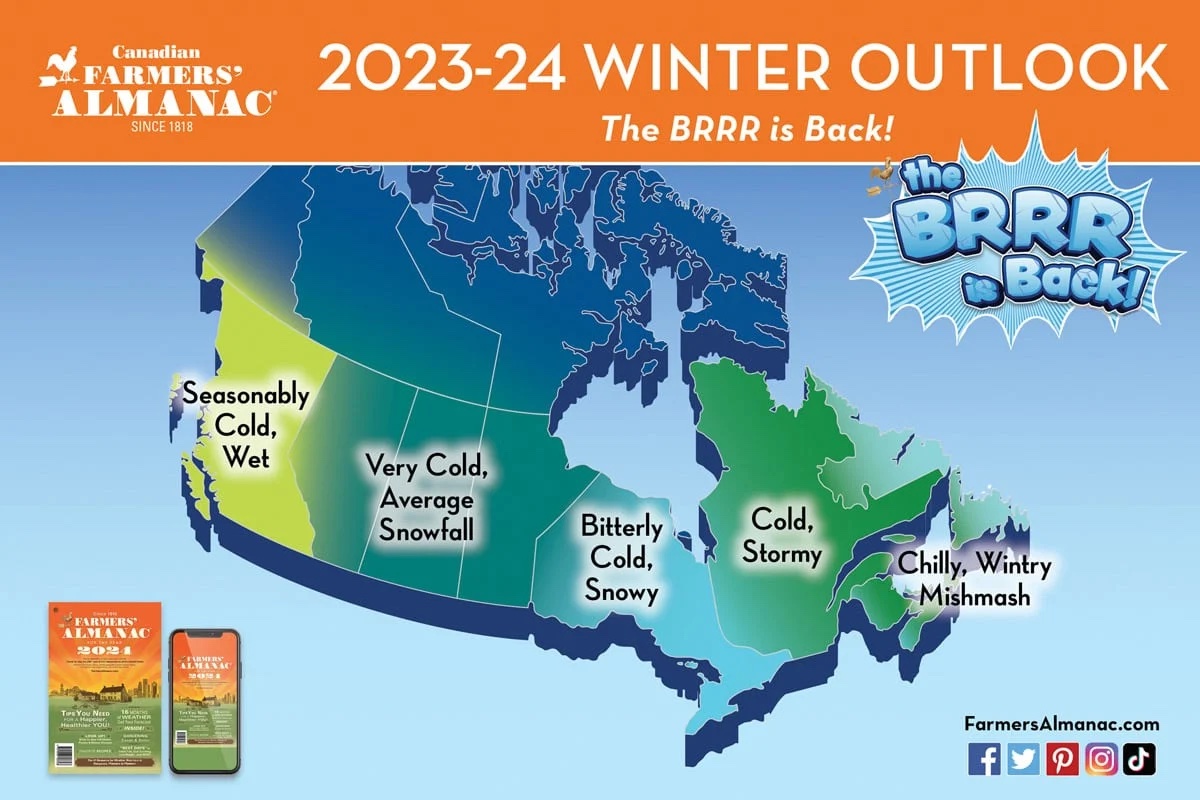 A map of Canada from the Farmer's Almanac, reading "2023-24 Winter Outlook: the Brrrrrrrr is Back!"