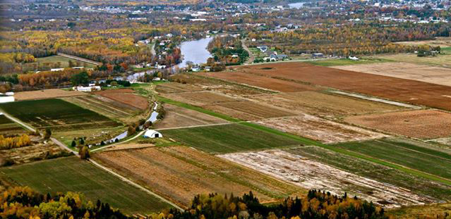 Vue aérienne sur des champs qui brunissent. Au loin, on aperçoit la rivière.