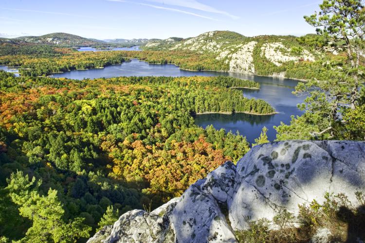 Une chaîne de lacs se faufile entre des crêtes de granite blanc, parsemées d'arbres orangés par l'automne.