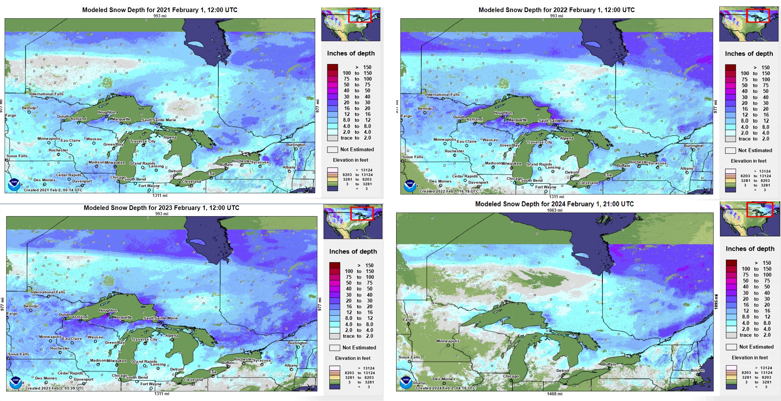 Quatre cartes décrivent l'épaisseur du couvert neigeux, eau 1er février - en 2021, 2022, 2023 et 2024. 