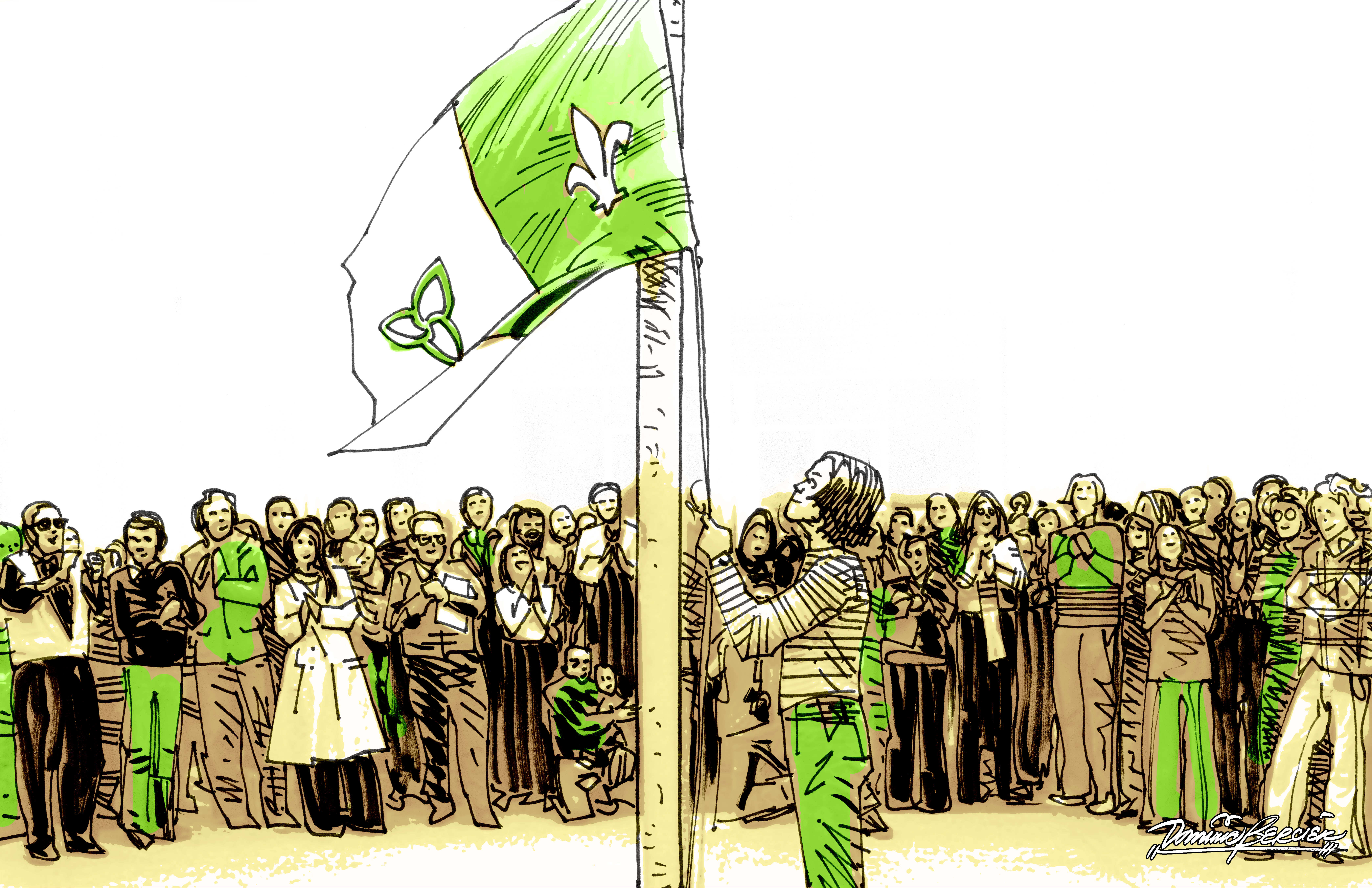 un dessin élégant d'une personne hissant fièrement le drapeau franco-ontarien devant une foule.