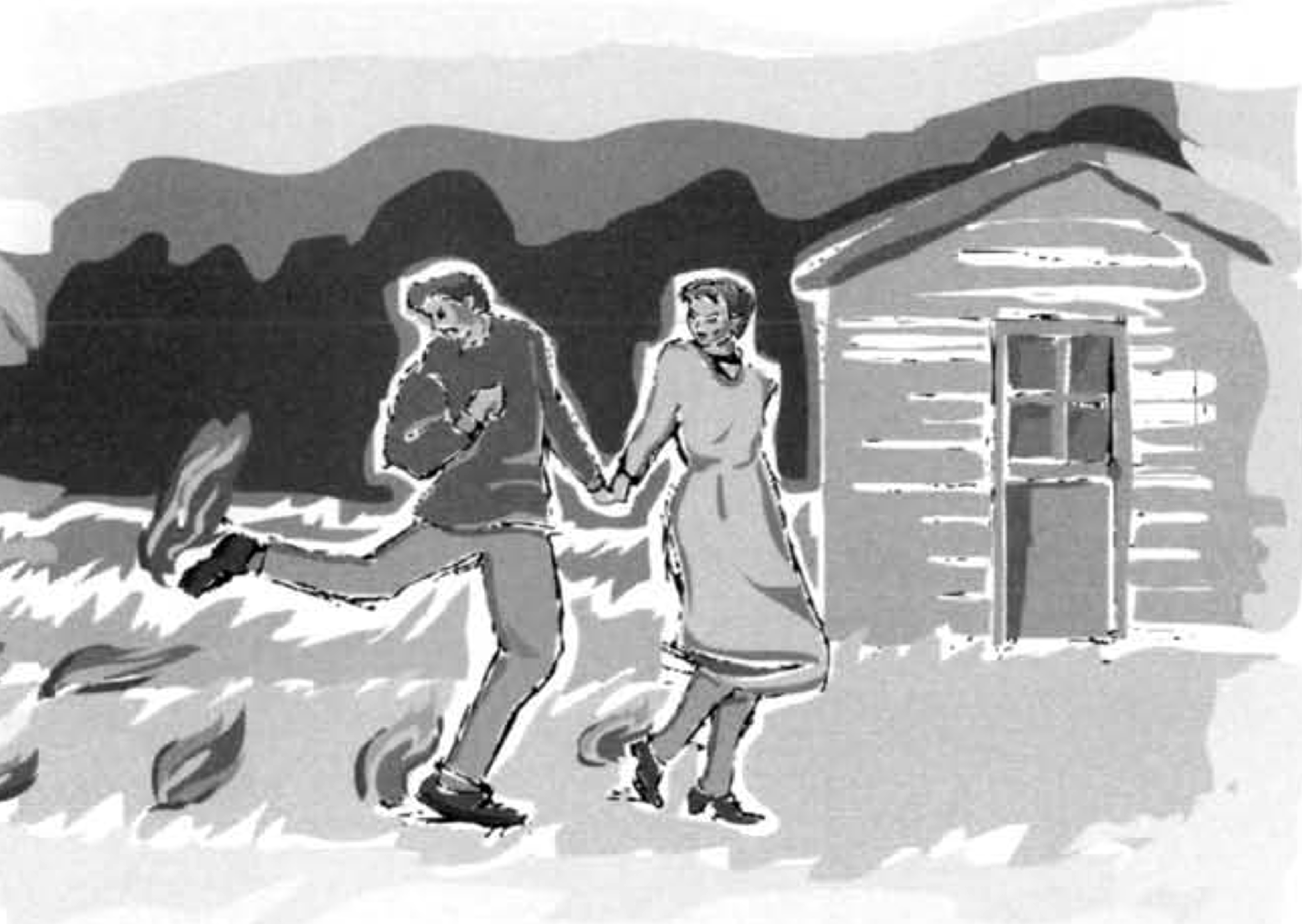 une illustration d'un homme et d'une femme marchant dans un champ, l'homme secouant son pied avec colère alors que son talon est en feu.
