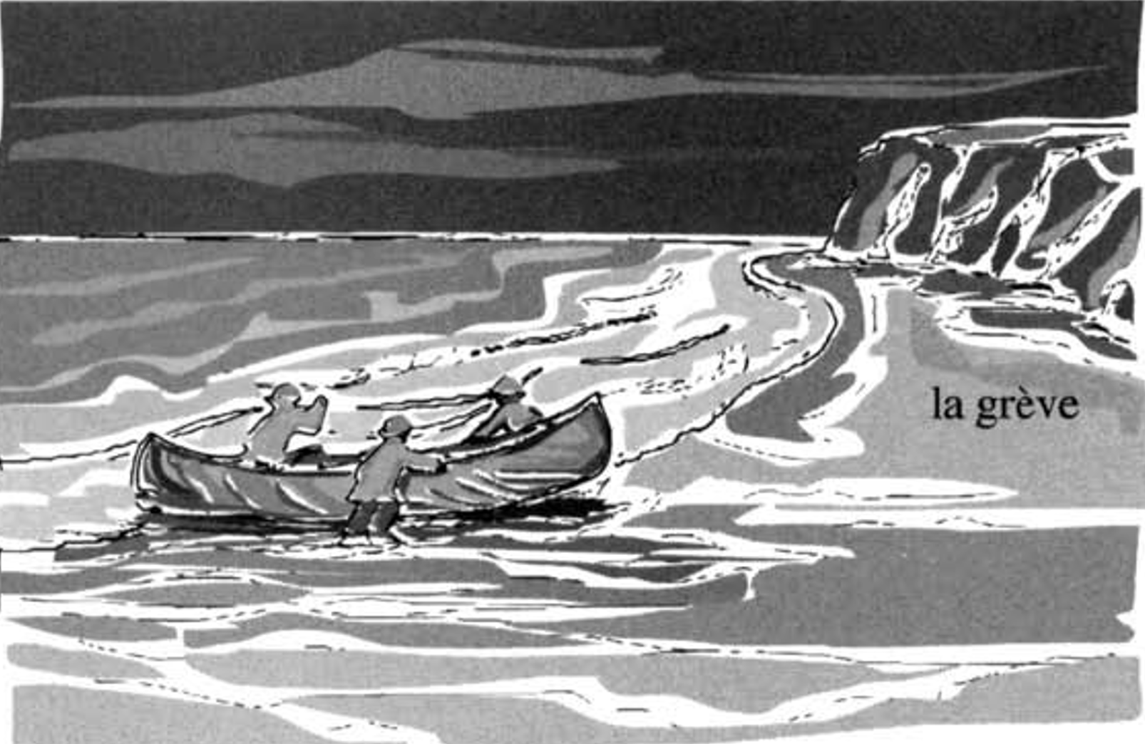 une illustration d'un groupe de pagayeurs tirant un gros canot hors d'un lac Supérieur orageux jusqu'au rivage.