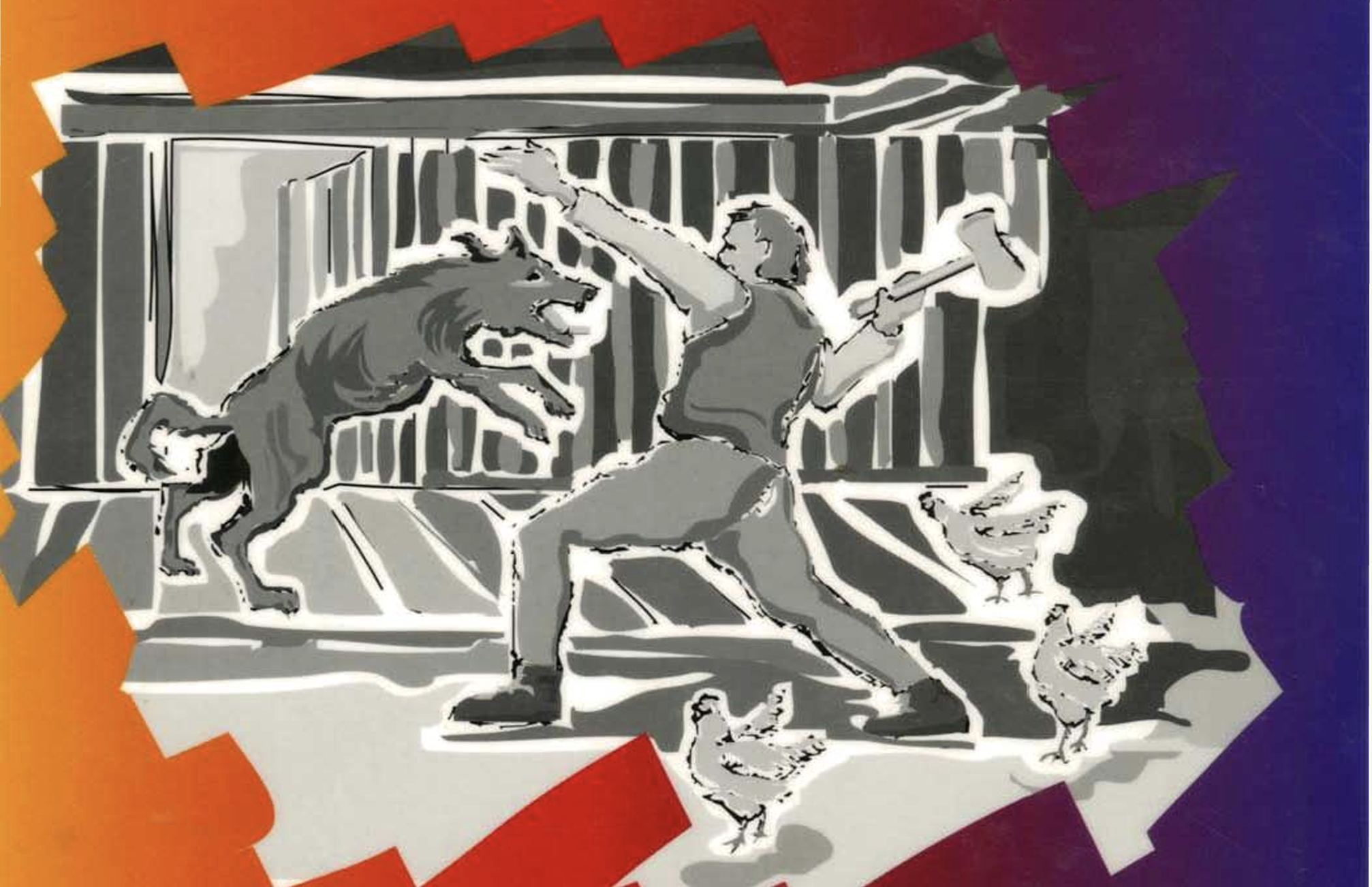 une illustration d'un homme défendant un poulailler contre un loup attaquant.