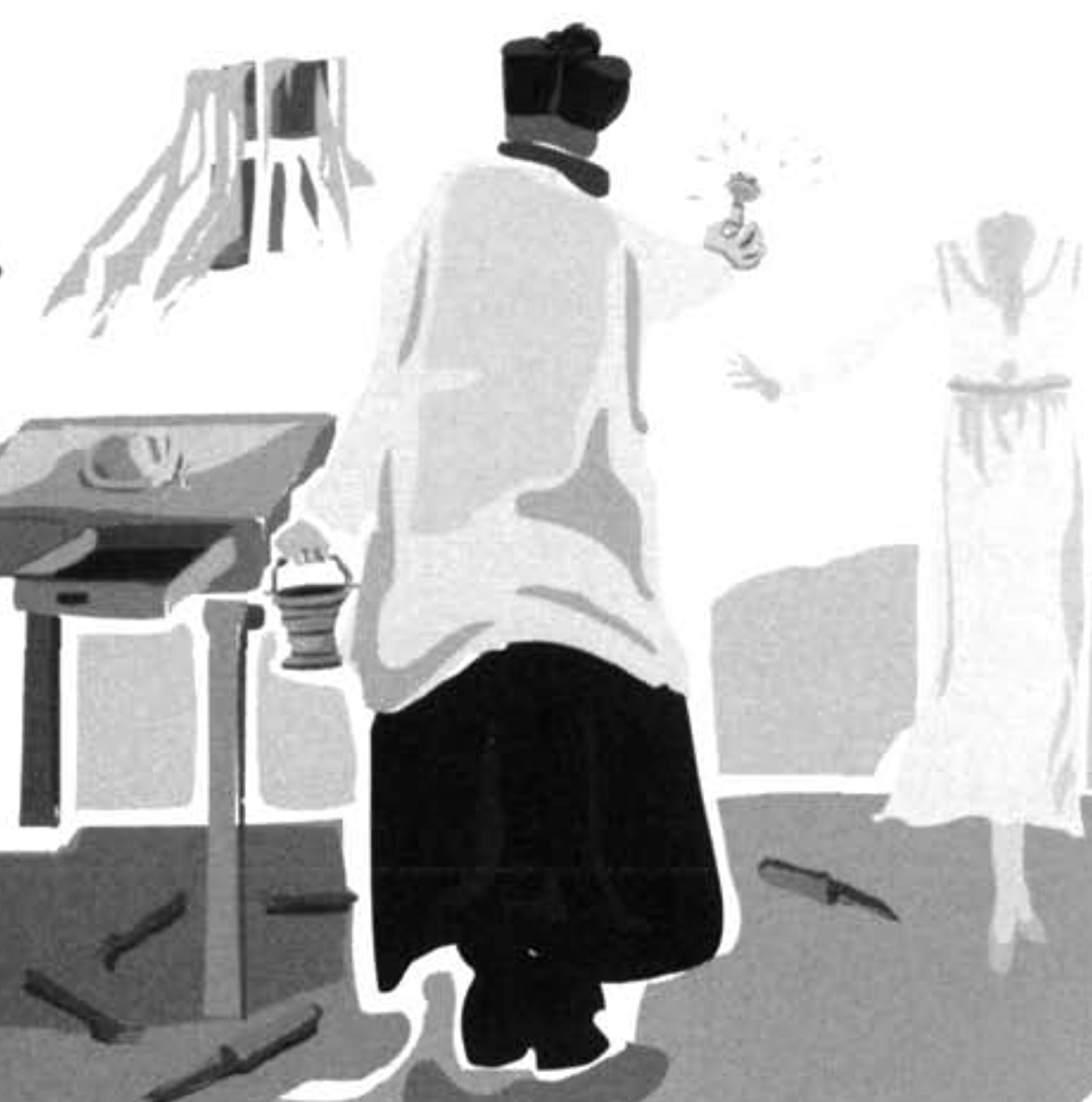 une illustration d'un prêtre tenant de l'eau bénite devant une femme fantomatique dans une cuisine, avec des couverts partout sur le sol.