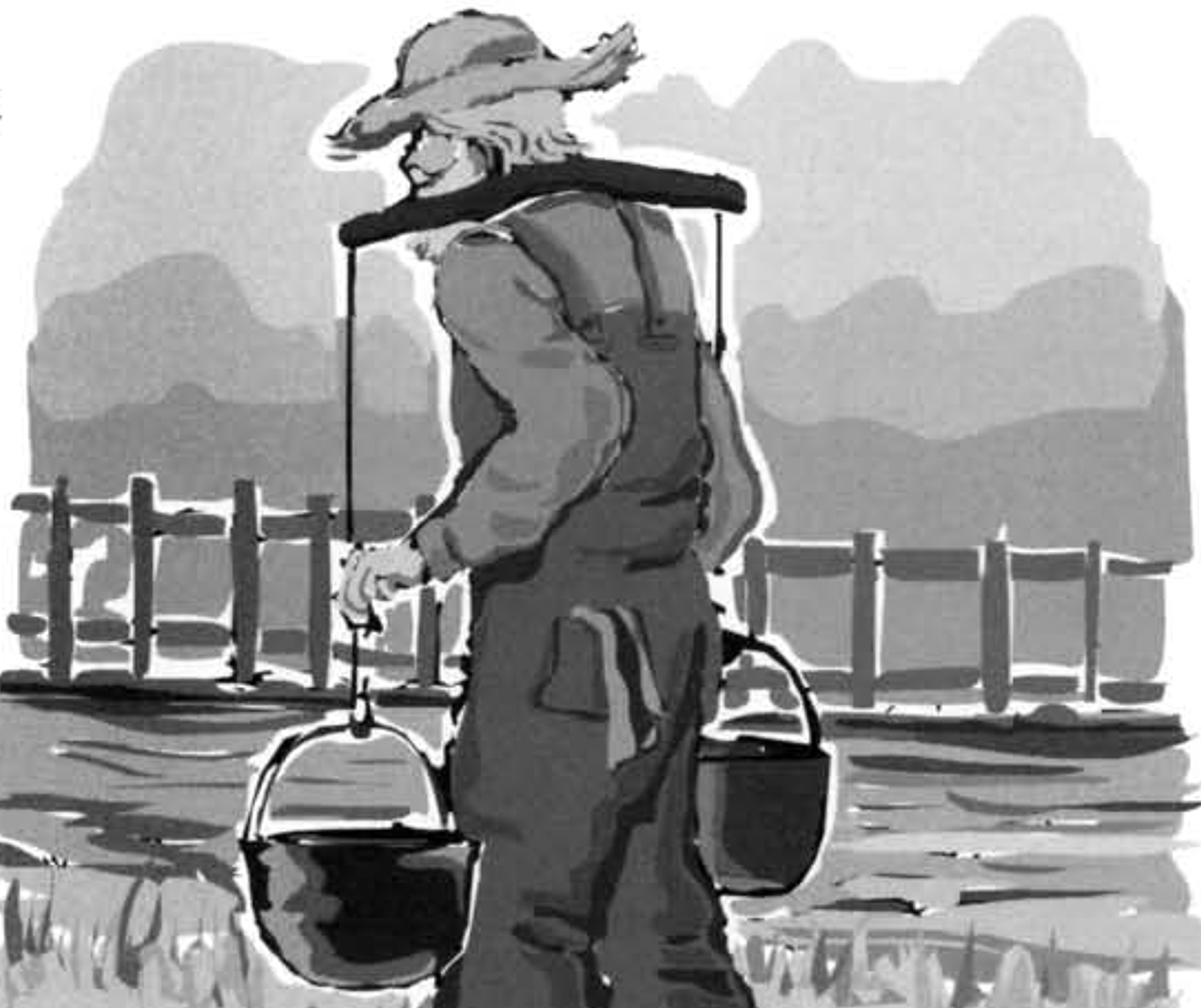 une illustration d'un homme marchant dans un champ portant un joug avec deux seaux sur ses épaules.