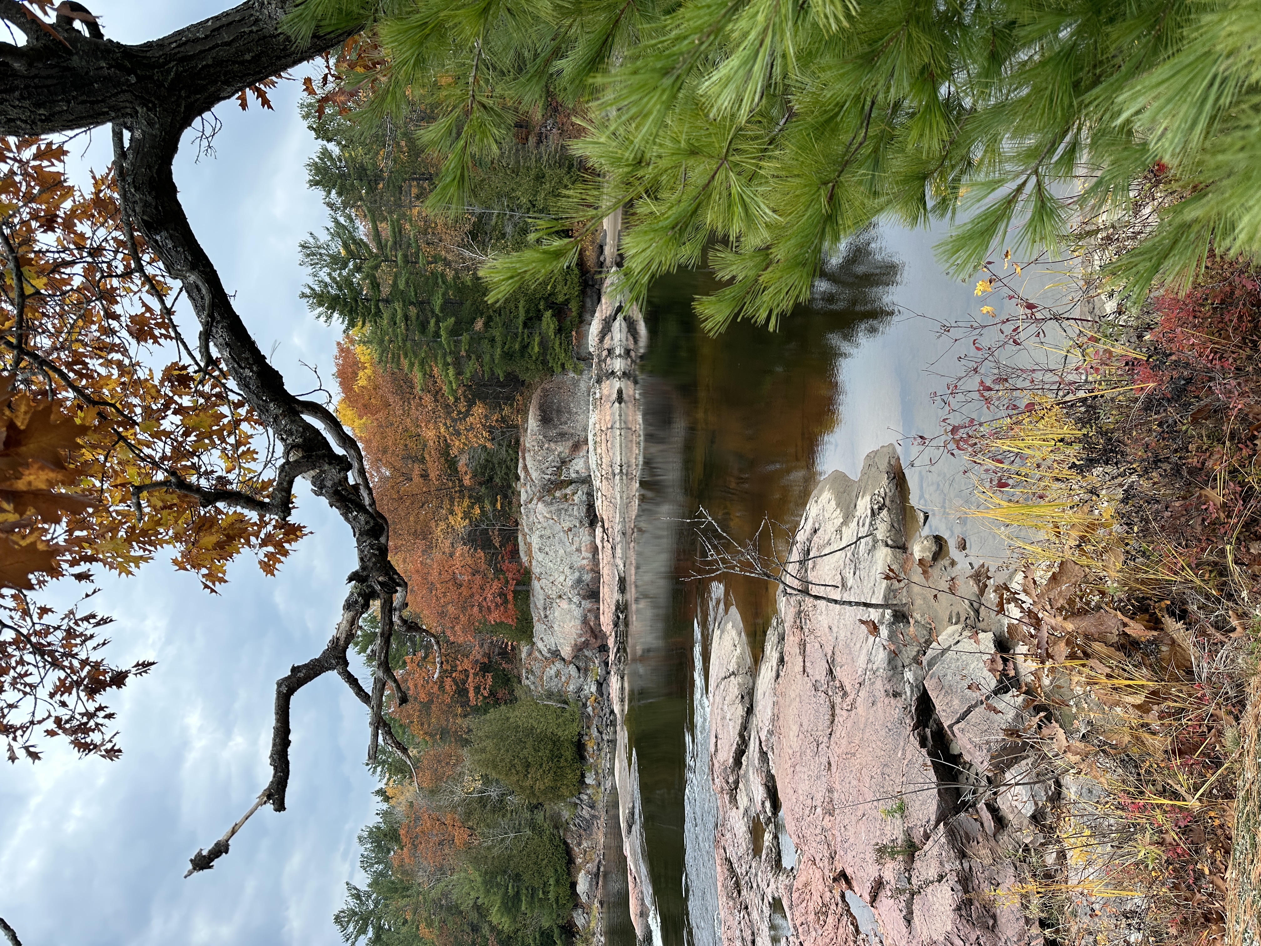 Les eaux calmes et scintillantes de la Blind River, ses rives rocheuses et lisses, et la forêt d'automne aux couleurs éclatantes qui borde tout le rivage.