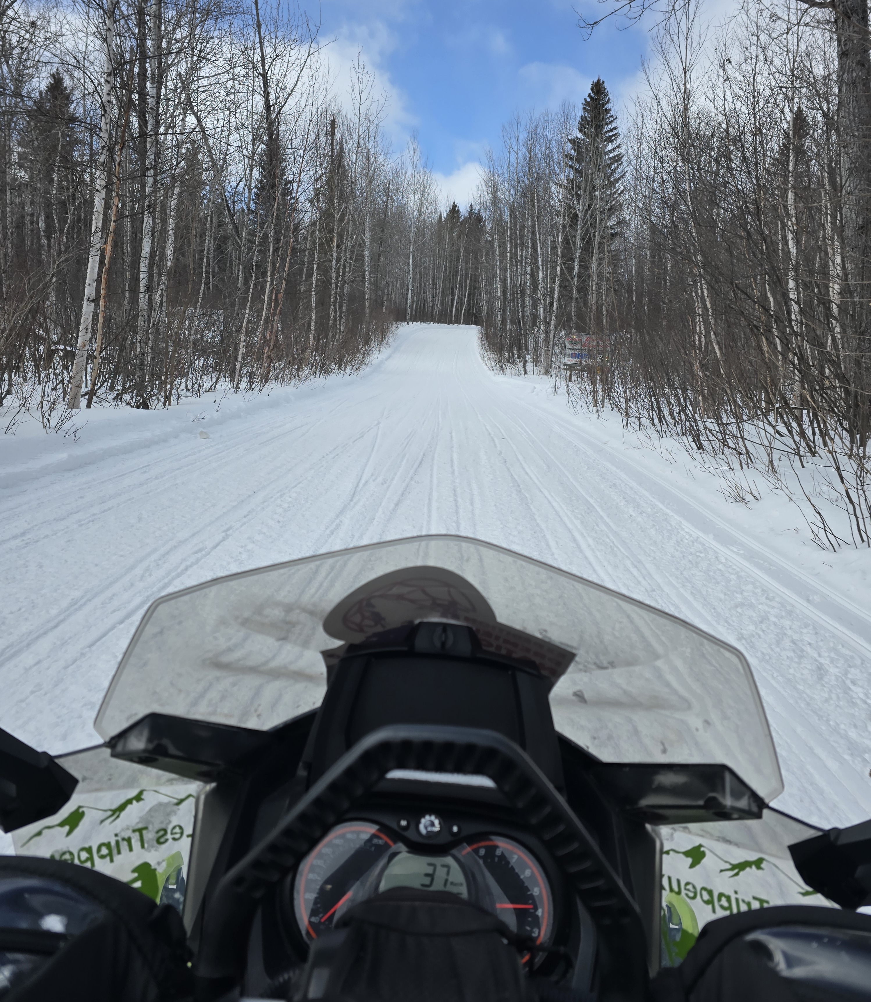 Une motoneige dévale les sentiers forestiers du Club de As, près de Moonbeam, en Ontario.