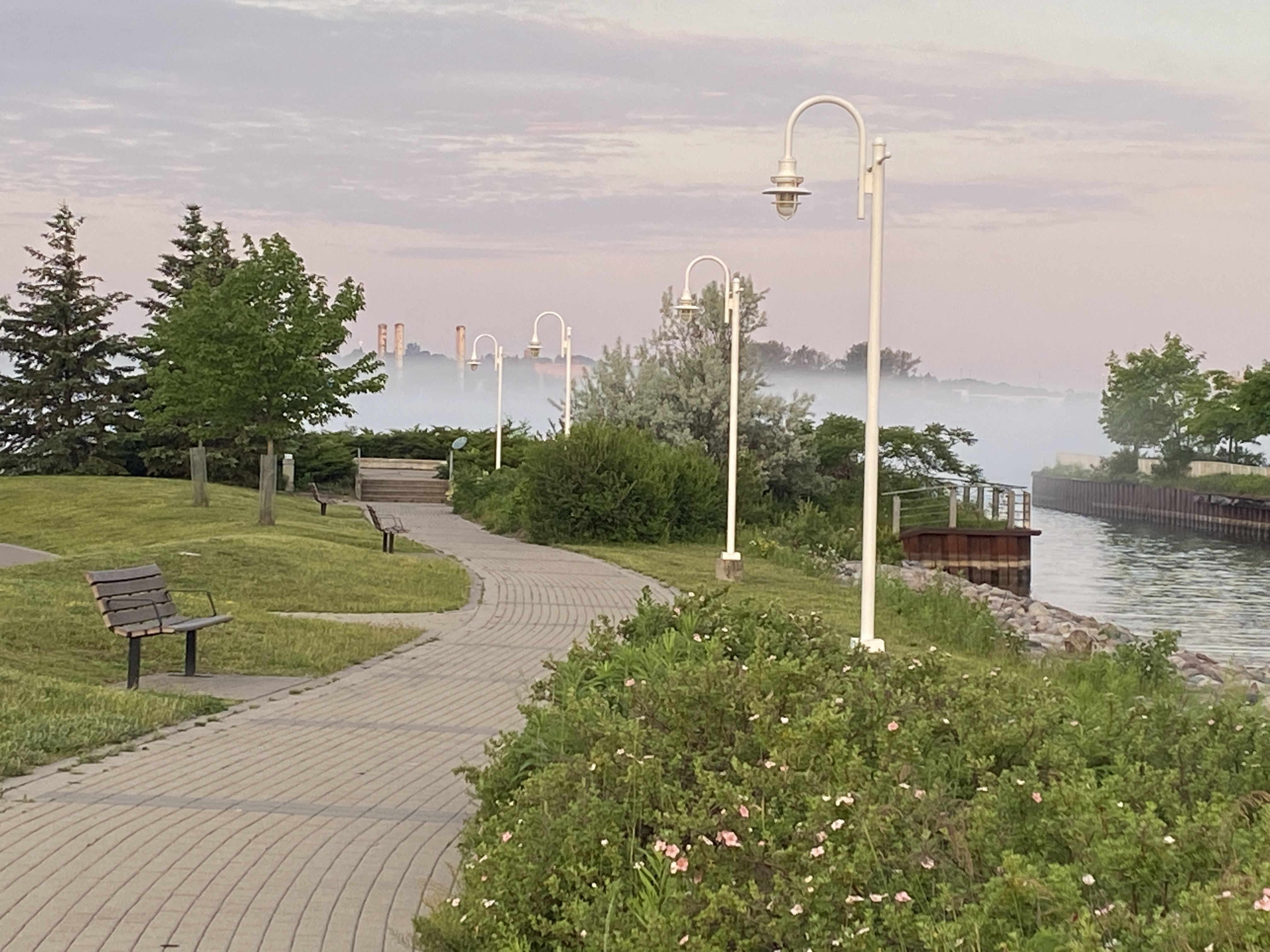 Le Hub Trail, le matin, avec la rivière dans la brume.