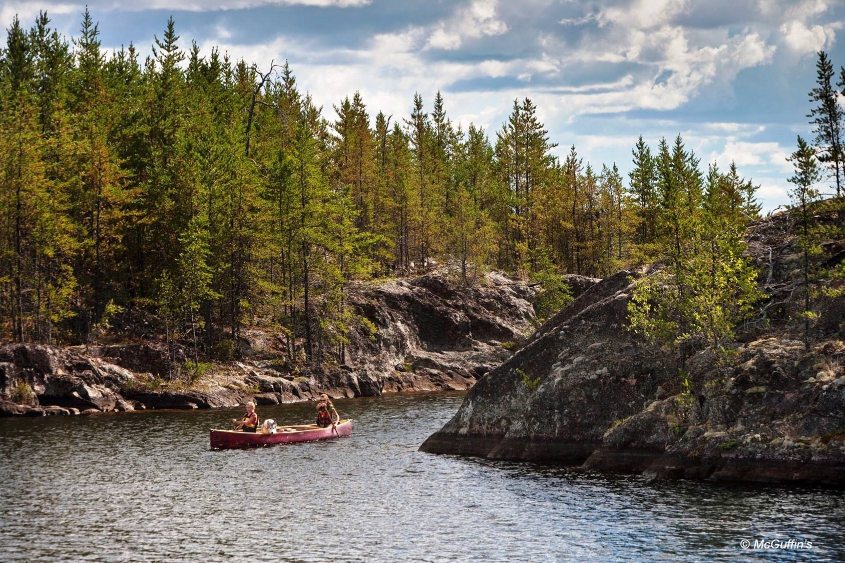 Des pagayeurs guident un canoë sur une rivière traversant une épaisse forêt boréale par une journée d'été dans le parc provincial Woodland Caribou.
