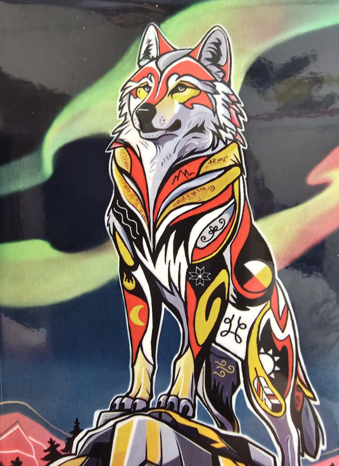 une peinture représentant un loup noble devant des aurores boréales dans un motif de couleurs tourbillonnantes.