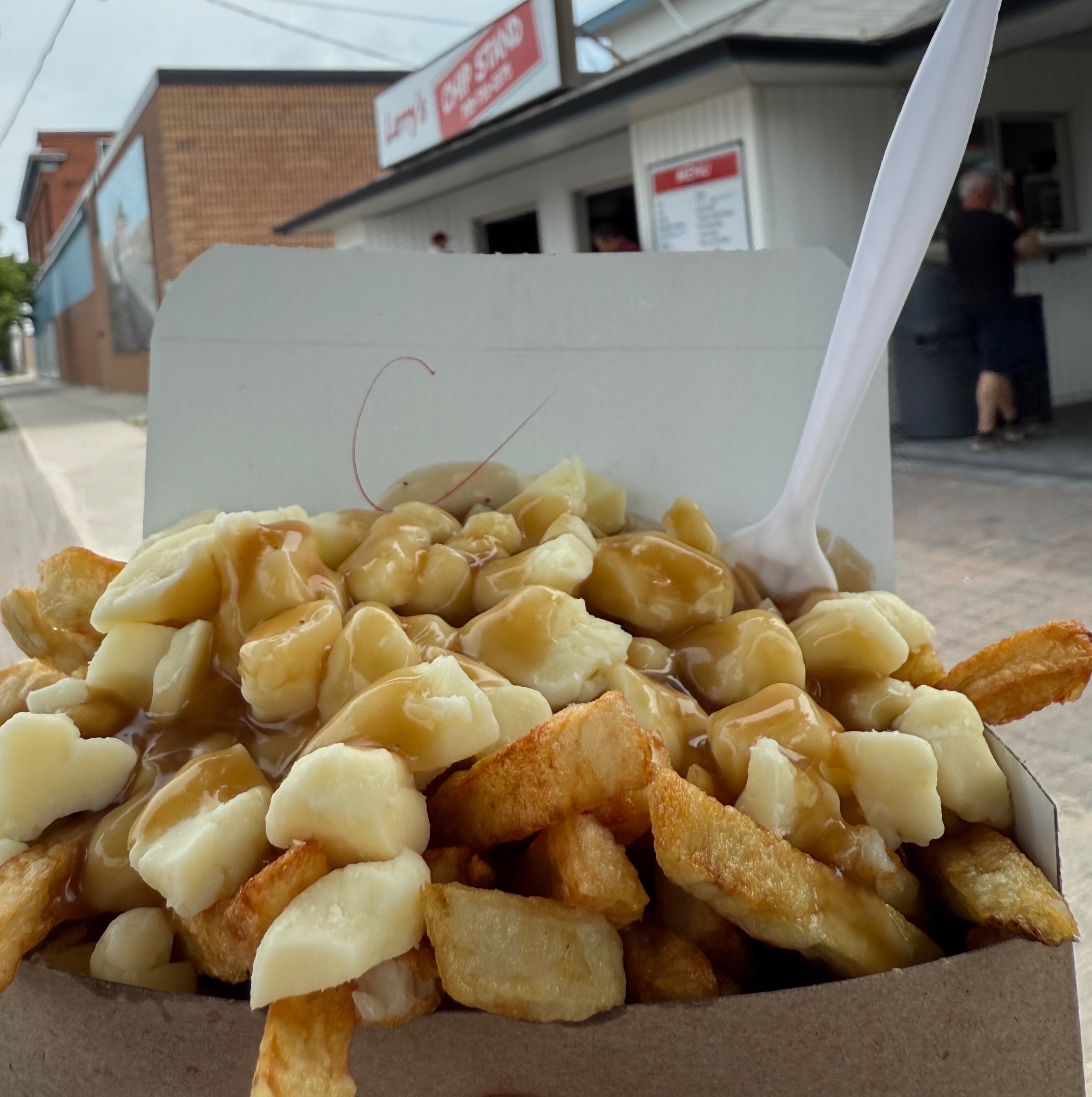 Une poutine, servie dans un casseau de carton.