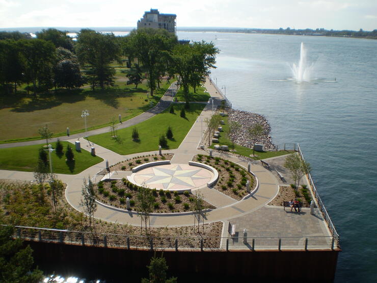 Boardwalk fountain and compass