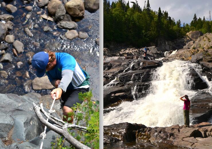Man climbing down a rope, man and woman beside a waterfalls 