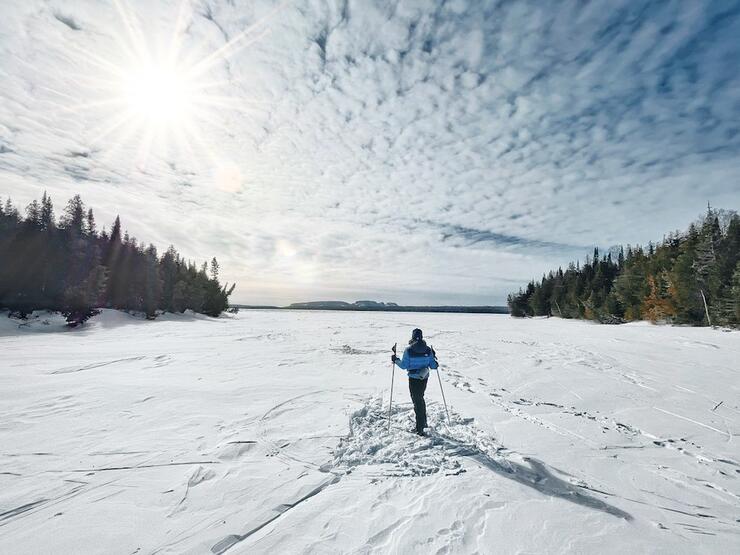 Skier looking out over frozen landscape