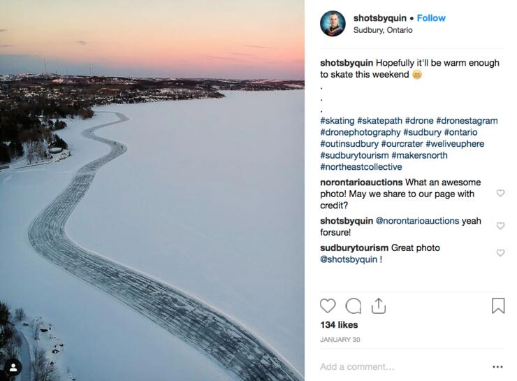 Instagram post of areal view of Ramsey Lake skating trail at sunset