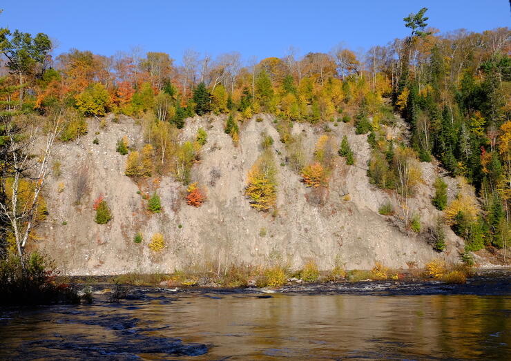 River meanders in front of a steep rock wall 
